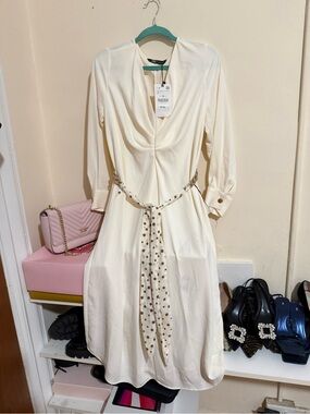 Zara Cream Long-Sleeve V-Neck Dress with Polka Dot Sash